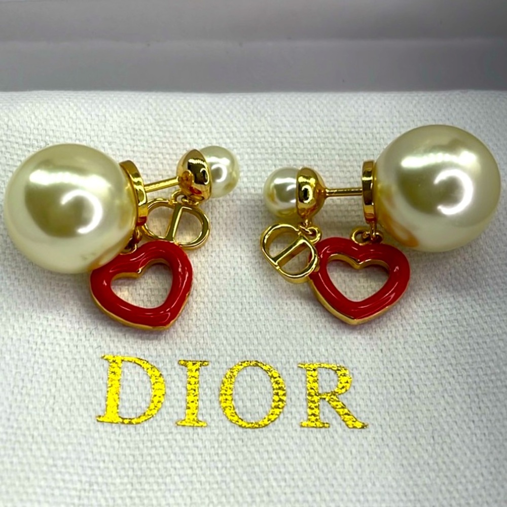 Dior Pearl Drop Earrings with Red Heart Charms